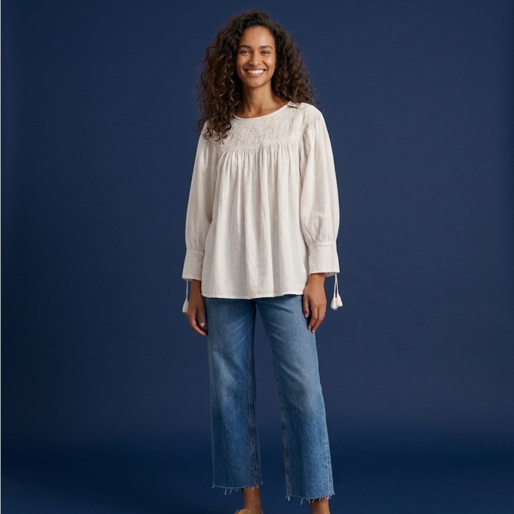 White Cotton Peasant Blouse with Embroidery